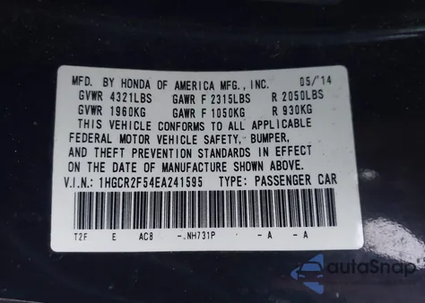2014 Honda Accord Sport z USA, uszkodzony, nr VIN 1HGCR2F54EA241595